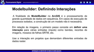 INTRODUÇÃO AO CONSTRUTOR DE MODELOS (MODELBUILDER)
Processamento Digital www.processamentodigital.com.br
11
A finalidade do ModelBuilder no ArcGIS é o processamento de
grande quantidade de dados em sequência. Em casos de execução de
processos isolados, a construção de um modelo não é necessária.
Em relação às imagens, o primeiro passo consiste em definir uma
interação para várias entradas (inputs) como bandas, recortes de
imagens, mosaico de folhas SRTM, etc.
Use a interação em projetos que demandam diferentes entradas de
dados raster.
Modelbuilder: Definindo Interações
 