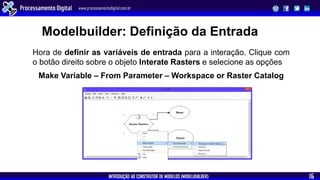 INTRODUÇÃO AO CONSTRUTOR DE MODELOS (MODELBUILDER)
Processamento Digital www.processamentodigital.com.br
16
Hora de definir as variáveis de entrada para a interação. Clique com
o botão direito sobre o objeto Interate Rasters e selecione as opções
Make Variable – From Parameter – Workspace or Raster Catalog
Modelbuilder: Definição da Entrada
 