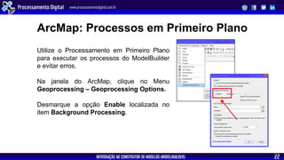 INTRODUÇÃO AO CONSTRUTOR DE MODELOS (MODELBUILDER)
Processamento Digital www.processamentodigital.com.br
22
Utilize o Processamento em Primeiro Plano
para executar os processos do ModelBuilder
e evitar erros.
Na janela do ArcMap, clique no Menu
Geoprocessing – Geoprocessing Options.
Desmarque a opção Enable localizada no
item Background Processing.
ArcMap: Processos em Primeiro Plano
 