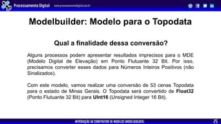 INTRODUÇÃO AO CONSTRUTOR DE MODELOS (MODELBUILDER)
Processamento Digital www.processamentodigital.com.br
25
Alguns processos podem apresentar resultados imprecisos para o MDE
(Modelo Digital de Elevação) em Ponto Flutuante 32 Bit. Por isso,
precisamos converter esses dados para Números Inteiros Positivos (não
Sinalizados).
Com este modelo, vamos realizar uma conversão de 53 cenas Topodata
para o estado de Minas Gerais. O Topodata será convertido de Float32
(Ponto Flutuante 32 Bit) para UInt16 (Unsigned Integer 16 Bit).
Modelbuilder: Modelo para o Topodata
Qual a finalidade dessa conversão?
 
