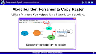 INTRODUÇÃO AO CONSTRUTOR DE MODELOS (MODELBUILDER)
Processamento Digital www.processamentodigital.com.br
29
Modelbuilder: Ferramenta Copy Raster
Utilize a ferramenta Connect para ligar a interação com o algoritmo.
Selecione “Input Raster” na ligação.
 