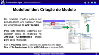 INTRODUÇÃO AO CONSTRUTOR DE MODELOS (MODELBUILDER)
Processamento Digital www.processamentodigital.com.br
8
Os modelos criados podem ser
armazenados em qualquer caixa
de ferramentas do ArcToolbox.
Para este trabalho, optamos por
guardar todos os modelos no
Arquivo Geodatabase criado
para essa finalidade.
Com o ArcCatalog aberto, selecione uma pasta clique na opção
New – File Geodatabase. Digite MODELOS para o nome do GDB.
Modelbuilder: Criação do Modelo
 
