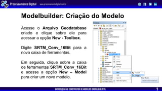 INTRODUÇÃO AO CONSTRUTOR DE MODELOS (MODELBUILDER)
Processamento Digital www.processamentodigital.com.br
9
Acesse o Arquivo Geodatabase
criado e clique sobre ele para
acessar a opção New - Toolbox.
Digite SRTM_Conv_16Bit para a
nova caixa de ferramentas.
Em seguida, clique sobre a caixa
de ferramentas SRTM_Conv_16Bit
e acesse a opção New – Model
para criar um novo modelo.
Modelbuilder: Criação do Modelo
 