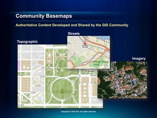 Imagery
Streets
Community Basemaps
Authoritative Content Developed and Shared by the GIS Community
Topographic
Copyright © 2010 Esri. All rights reserved.
 