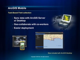 Now included with ArcGIS Desktop
ArcGIS Mobile
Task-Based Field collection
• Sync data with ArcGIS Server
or Desktop
• Geo-collaborate with co-workers
• Easier deployment
Copyright © 2010 Esri. All rights reserved.
 