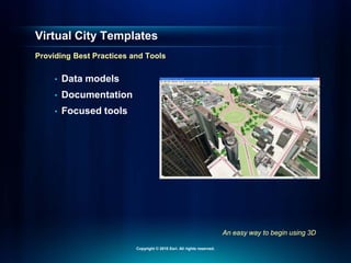 An easy way to begin using 3D
Virtual City Templates
Providing Best Practices and Tools
• Data models
• Documentation
• Focused tools
Copyright © 2010 Esri. All rights reserved.
 