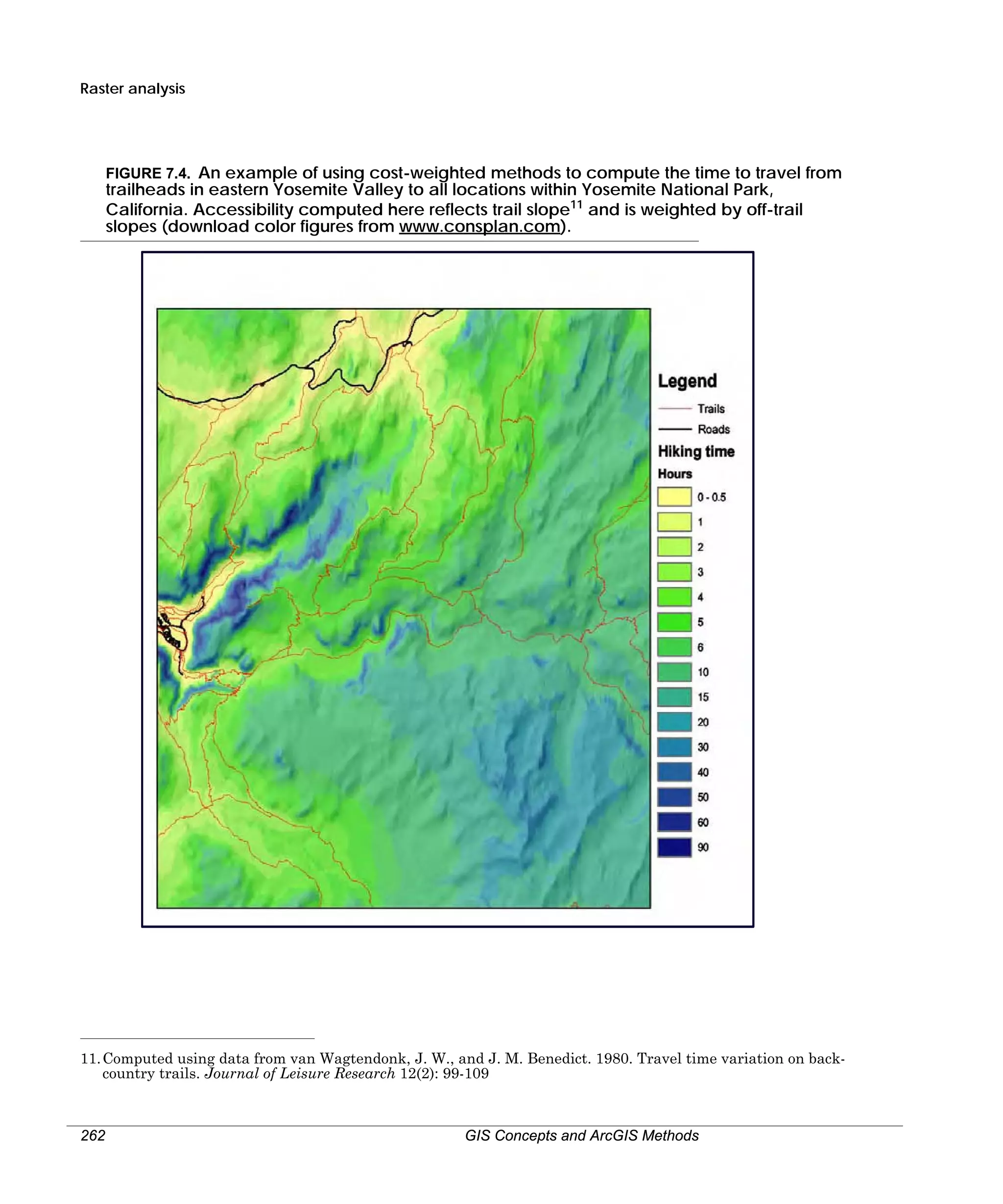 Raster analysis

FIGURE 7.4. An example of using cost-weighted methods to compute the time to travel from
trailheads in eastern Yosemite Valley to all locations within Yosemite National Park,
California. Accessibility computed here reflects trail slope11 and is weighted by off-trail
slopes (download color figures from www.consplan.com).

11. Computed using data from van Wagtendonk, J. W., and J. M. Benedict. 1980. Travel time variation on backcountry trails. Journal of Leisure Research 12(2): 99-109

262

GIS Concepts and ArcGIS Methods

 