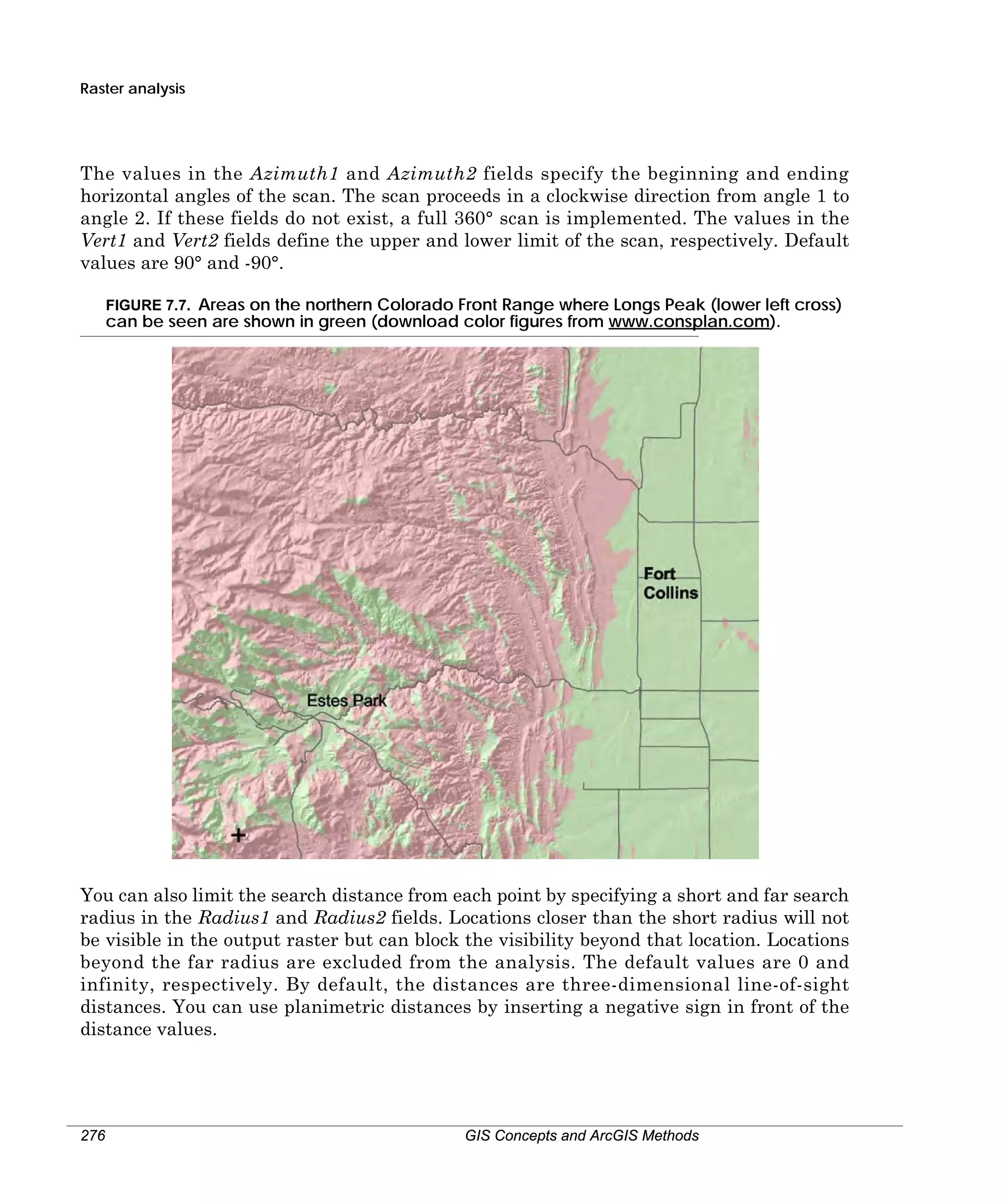 Raster analysis

The values in the Azimuth1 and Azimuth2 fields specify the beginning and ending
horizontal angles of the scan. The scan proceeds in a clockwise direction from angle 1 to
angle 2. If these fields do not exist, a full 360° scan is implemented. The values in the
Vert1 and Vert2 fields define the upper and lower limit of the scan, respectively. Default
values are 90° and -90°.
FIGURE 7.7. Areas on the northern Colorado Front Range where Longs Peak (lower left cross)

can be seen are shown in green (download color figures from www.consplan.com).

You can also limit the search distance from each point by specifying a short and far search
radius in the Radius1 and Radius2 fields. Locations closer than the short radius will not
be visible in the output raster but can block the visibility beyond that location. Locations
beyond the far radius are excluded from the analysis. The default values are 0 and
infinity, respectively. By default, the distances are three-dimensional line-of-sight
distances. You can use planimetric distances by inserting a negative sign in front of the
distance values.

276

GIS Concepts and ArcGIS Methods

 