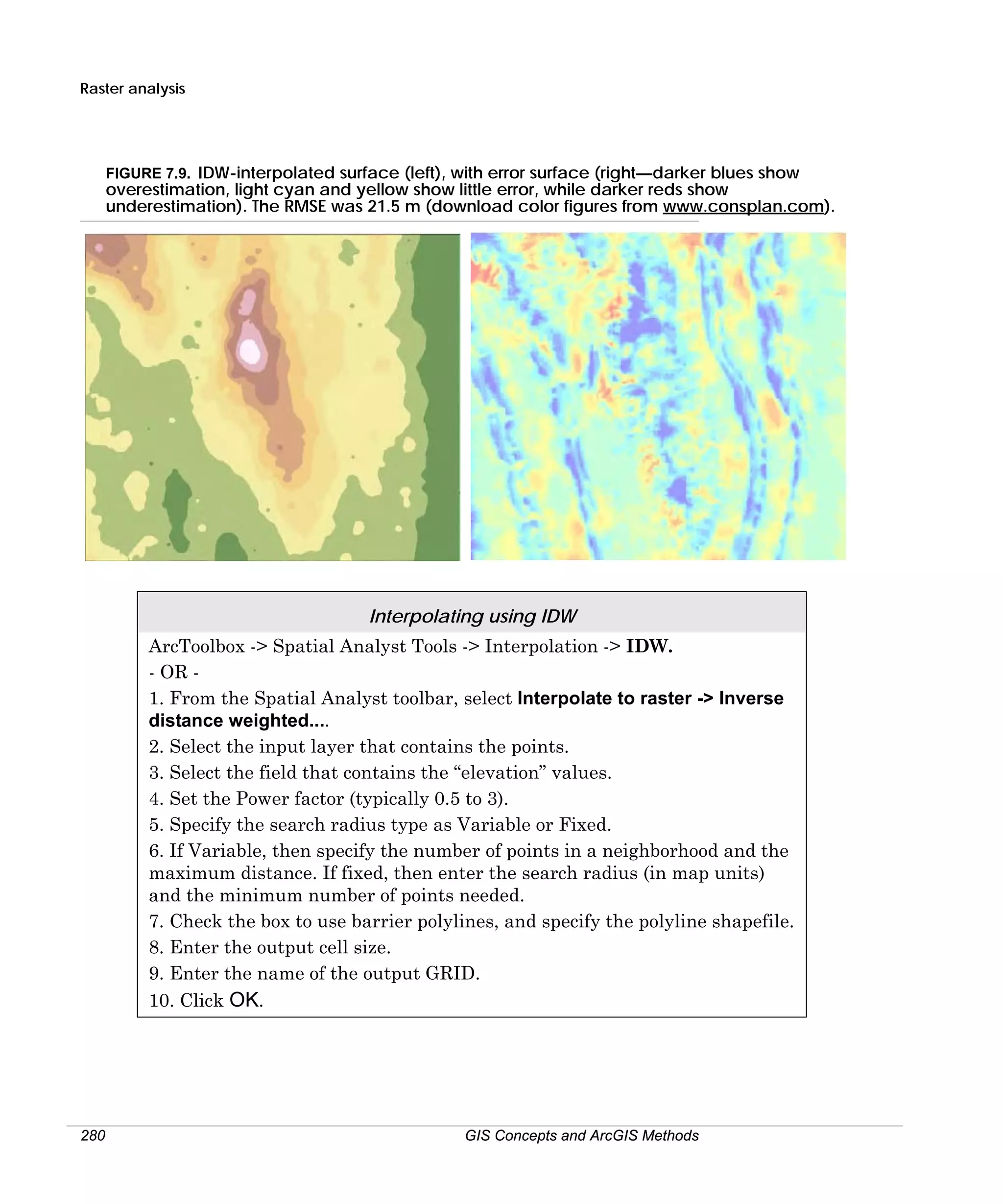 Raster analysis

FIGURE 7.9. IDW-interpolated surface (left), with error surface (right—darker blues show
overestimation, light cyan and yellow show little error, while darker reds show
underestimation). The RMSE was 21.5 m (download color figures from www.consplan.com).

Interpolating using IDW
ArcToolbox -> Spatial Analyst Tools -> Interpolation -> IDW.
- OR 1. From the Spatial Analyst toolbar, select Interpolate to raster -> Inverse
distance weighted....
2. Select the input layer that contains the points.
3. Select the field that contains the “elevation” values.
4. Set the Power factor (typically 0.5 to 3).
5. Specify the search radius type as Variable or Fixed.
6. If Variable, then specify the number of points in a neighborhood and the
maximum distance. If fixed, then enter the search radius (in map units)
and the minimum number of points needed.
7. Check the box to use barrier polylines, and specify the polyline shapefile.
8. Enter the output cell size.
9. Enter the name of the output GRID.
10. Click OK.

280

GIS Concepts and ArcGIS Methods

 