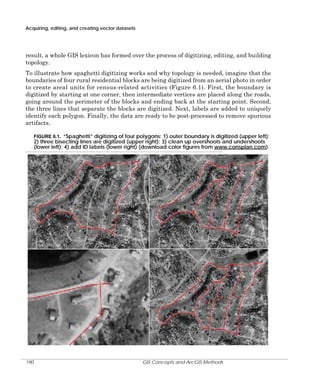 Acquiring, editing, and creating vector datasets

result, a whole GIS lexicon has formed over the process of digitizing, editing, and building
topology.
To illustrate how spaghetti digitizing works and why topology is needed, imagine that the
boundaries of four rural residential blocks are being digitized from an aerial photo in order
to create areal units for census-related activities (Figure 6.1). First, the boundary is
digitized by starting at one corner, then intermediate vertices are placed along the roads,
going around the perimeter of the blocks and ending back at the starting point. Second,
the three lines that separate the blocks are digitized. Next, labels are added to uniquely
identify each polygon. Finally, the data are ready to be post-processed to remove spurious
artifacts.
FIGURE 6.1. “Spaghetti” digitizing of four polygons: 1) outer boundary is digitized (upper left);
2) three bisecting lines are digitized (upper right); 3) clean up overshoots and undershoots
(lower left); 4) add ID labels (lower right) (download color figures from www.consplan.com).

190

GIS Concepts and ArcGIS Methods

 