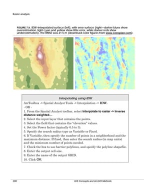 Raster analysis

FIGURE 7.9. IDW-interpolated surface (left), with error surface (right—darker blues show
overestimation, light cyan and yellow show little error, while darker reds show
underestimation). The RMSE was 21.5 m (download color figures from www.consplan.com).

Interpolating using IDW
ArcToolbox -> Spatial Analyst Tools -> Interpolation -> IDW.
- OR 1. From the Spatial Analyst toolbar, select Interpolate to raster -> Inverse
distance weighted....
2. Select the input layer that contains the points.
3. Select the field that contains the “elevation” values.
4. Set the Power factor (typically 0.5 to 3).
5. Specify the search radius type as Variable or Fixed.
6. If Variable, then specify the number of points in a neighborhood and the
maximum distance. If fixed, then enter the search radius (in map units)
and the minimum number of points needed.
7. Check the box to use barrier polylines, and specify the polyline shapefile.
8. Enter the output cell size.
9. Enter the name of the output GRID.
10. Click OK.

280

GIS Concepts and ArcGIS Methods

 