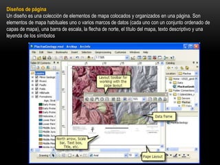 Diseños de página
Un diseño es una colección de elementos de mapa colocados y organizados en una página. Son
elementos de mapa habituales uno o varios marcos de datos (cada uno con un conjunto ordenado de
capas de mapa), una barra de escala, la flecha de norte, el título del mapa, texto descriptivo y una
leyenda de los símbolos
 