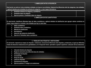 3. SIMBOLIZAR DATOS CATEGORICOS

Esta lección se centra en cómo simbolizar entidades con base en sus atributos. Explorará las diferencias entre las categorías y las entidades,
y aplicará métodos para simbolizar los atributos de categorías y crear mapas informativos.
        1.   Simbolizar atributos de categoría y cuantitativos.
        2.   Simbolizar datos de categoría.
        3.   Ejercicio práctico 3. Simbolizar datos de categoría.
                                                   4. SIMBOLIZAR DATOS CUANTITATIVOS

En esta lección, identificará diferentes tipos de datos cuantitativos y aplicará métodos de clasificación para agrupar valores numéricos en
clases; luego asignará un símbolo a las entidades que hay en cada clase.
        1.   Datos cuantitativos.
        2.   Simbolizar datos cuantitativos.
        3.   Métodos de clasificación
        4.   Normalización
        5.   Selección del método de clasificación.
        6.   Ejercicio 4: Simbolizar datos cuantitativos.



                                             5. TRABAJAR CON ETIQUETAS Y ANOTACIONES
En eta lección, mejorará sus mapas con etiquetas anotaciones. Conocerá las diferencias entre etiquetas y anotaciones, al igual que diferentes
modos de almacenar anotaciones (en la geodatabase y en el mapa).Así mismo, aprenderá a ajustar la apariencia ubicación de las anotaciones.


        1.   Ubicación dinámica de etiquetas
        2.   Reglas de ubicación para diferentes tipos de entidades.
        3.   Simbología de etiquetas
        4.   Consulta SQL.
        5.   Rango de escala
        6.   Clases de etiquetas.
        7.   Expresiones de etiquetas.
        8.   Ejercicio práctico 5: Trabajar con anotaciones.
 
