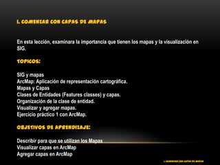 1. COMENZAR CON CAPAS DE MAPAS


En esta lección, examinara la importancia que tienen los mapas y la visualización en
SIG.

TOPICOS:

SIG y mapas
ArcMap: Aplicación de representación cartográfica.
Mapas y Capas
Clases de Entidades (Features classes) y capas.
Organización de la clase de entidad.
Visualizar y agregar mapas.
Ejercicio práctico 1 con ArcMap.

OBJETIVOS DE APRENDIZAJE:

Describir para que se utilizan los Mapas
Visualizar capas en ArcMap
Agregar capas en ArcMap
                                                                   1. COMENZAR CON CAPAS DE MAPAS
 