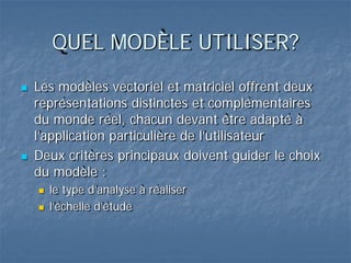 QUEL MODÈLE UTILISER?
 Les modèles vectoriel et matriciel offrent deux
représentations distinctes et complémentaires
du monde réel, chacun devant être adapté à
l’application particulière de l’utilisateur
 Deux critères principaux doivent guider le choix
du modèle :
 le type d’analyse à réaliser
 l’échelle d’étude
 