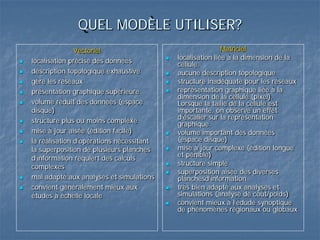 QUEL MODÈLE UTILISER?
Vectoriel
 localisation précise des données
 description topologique exhaustive
 gère les réseaux
 présentation graphique supérieure
 volume réduit des données (espace
disque)
 structure plus ou moins complexe
 mise à jour aisée (édition facile)
 la réalisation d’opérations nécessitant
la superposition de plusieurs planches
d’information requiert des calculs
complexes
 mal adapté aux analyses et simulations
 convient généralement mieux aux
études à échelle locale
Matriciel
 localisation liée à la dimension de la
cellule.
 aucune description topologique
 structure inadéquate pour les réseaux
 représentation graphique liée à la
dimension de la cellule (pixel).
Lorsque la taille de la cellule est
importante, on observe un effet
d’escalier sur la représentation
graphique.
 volume important des données
(espace disque)
 mise à jour complexe (édition longue
et pénible)
 structure simple
 superposition aisée des diverses
planchesd’information
 très bien adapté aux analyses et
simulations (analyse de coût/poids)
 convient mieux à l’édude synoptique
de phénomènes régionaux ou globaux
 