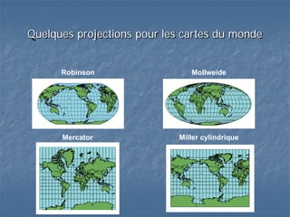 Quelques projections pour les cartes du monde
Robinson
Mercator Miller cylindrique
Mollweide
 