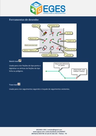 Ferramentas de desenho




Sketch tool
                                                              Clique para adicionar
Usada para criar feições do tipo ponto e                           um vértice.

digitalizar os vértices de feições do tipo
                                                                                      Clique-duplo para
linha ou polígono.                                                                    finalizar o esboço.




Trace tool

Usada para criar seguimentos seguindo o traçado de seguimentos existentes.




                                   (63) 8431-1391 | contato@egesct.com
                               www.egesct.com | www.facebook.com/EGESCT
                             106 Norte ACSV NE 12 Lote 01 Sala 101 – Palmas - TO
 