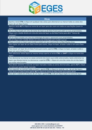 Dicas
Aperte a tecla CTRL e clique em qualquer das caixas para desmarcar ou marcar todas as caixas dos
layers de um Data Frame.
Aperte a tecla ALT e clique no nome de um layer para dar zoom em todas as suas feições (zoom to
layer).
Dê um clique duplo em cima do nome do layer ou do Data Frame para abrir as suas propriedades.
Clique com o botão direito em cima do nome do layer ou do Data Frame para abrir “menus de
contexto”.
Dê um clique simples em cima da simbologia do layer e aparecerá suas propriedades.
Dê um clique com o botão direito em cima da simbologia para mudar sua cor.
Clique e arraste os layers para mudar a ordem em que aparecerão na Map Display Area.
Para copiar um layer de um Data Frame para outro, clique no layer, arraste e solte-o em outro Data
Frame.
Para mover um layer de um Data Frame para outro, aperte CTRL e clique no layer, arraste e solte o
layer em outro Data Frame.
Para selecionar vários layers ao mesmo tempo aperte as teclas CTRL ou SHIFT e clique no nome dos
layers.
Para desmarcar ou marcar as caixas somente dos layers que estão selecionados, basta selecionar os
layers que deseja marcar ou desmarcar e apertar CTRL + clique em uma das caixas de um dos layers
que estão selecionados.
Para deixar somente a caixa de um layer marcado e todas as outras desmarcadas, aperte ALT e clique
na caixa que queira deixar marcada.
Para expandir ou contrair todas os layers, aperte CTRL e clique no sinal de + ou - de um dos layers.
Para ativar um Data Frame aperte ALT e clique no nome do Data Frame que queira ativar.
Para abrir a tabela de atributos de um layer, aperte CTRL e dê um clique duplo no nome do layer.




                                 (63) 8431-1391 | contato@egesct.com
                             www.egesct.com | www.facebook.com/EGESCT
                           106 Norte ACSV NE 12 Lote 01 Sala 101 – Palmas - TO
 
