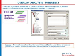 OVERLAY ANALYSIS - INTERSECT Computes a geometric intersection of the  input features . Features or portion of features common to all layers and/or feature classes will be written to the output. Exercise  : - Provided Reserve forest Boundary Layer, Proposed Pipeline Layer & Area for proposed pipeline layer. Find out the area of land covered in Reserve Forest for the proposed pipeline. 