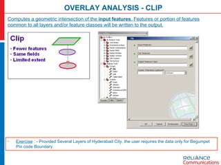 OVERLAY ANALYSIS - CLIP Computes a geometric intersection of the  input features . Features or portion of features common to all layers and/or feature classes will be written to the output. Exercise  : - Provided Several Layers of Hyderabad City, the user requires the data only for Begumpet Pin code Boundary. 