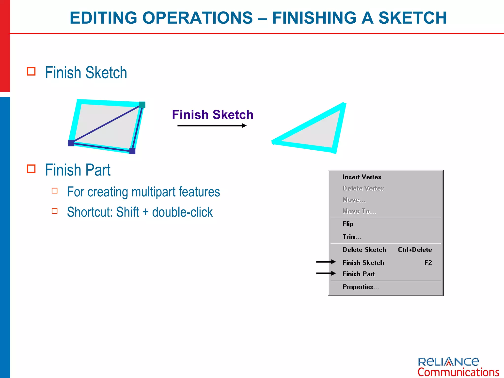 Finish Sketch Finish Part For creating multipart features Shortcut: Shift + double-click EDITING OPERATIONS – FINISHING A SKETCH Finish Sketch 