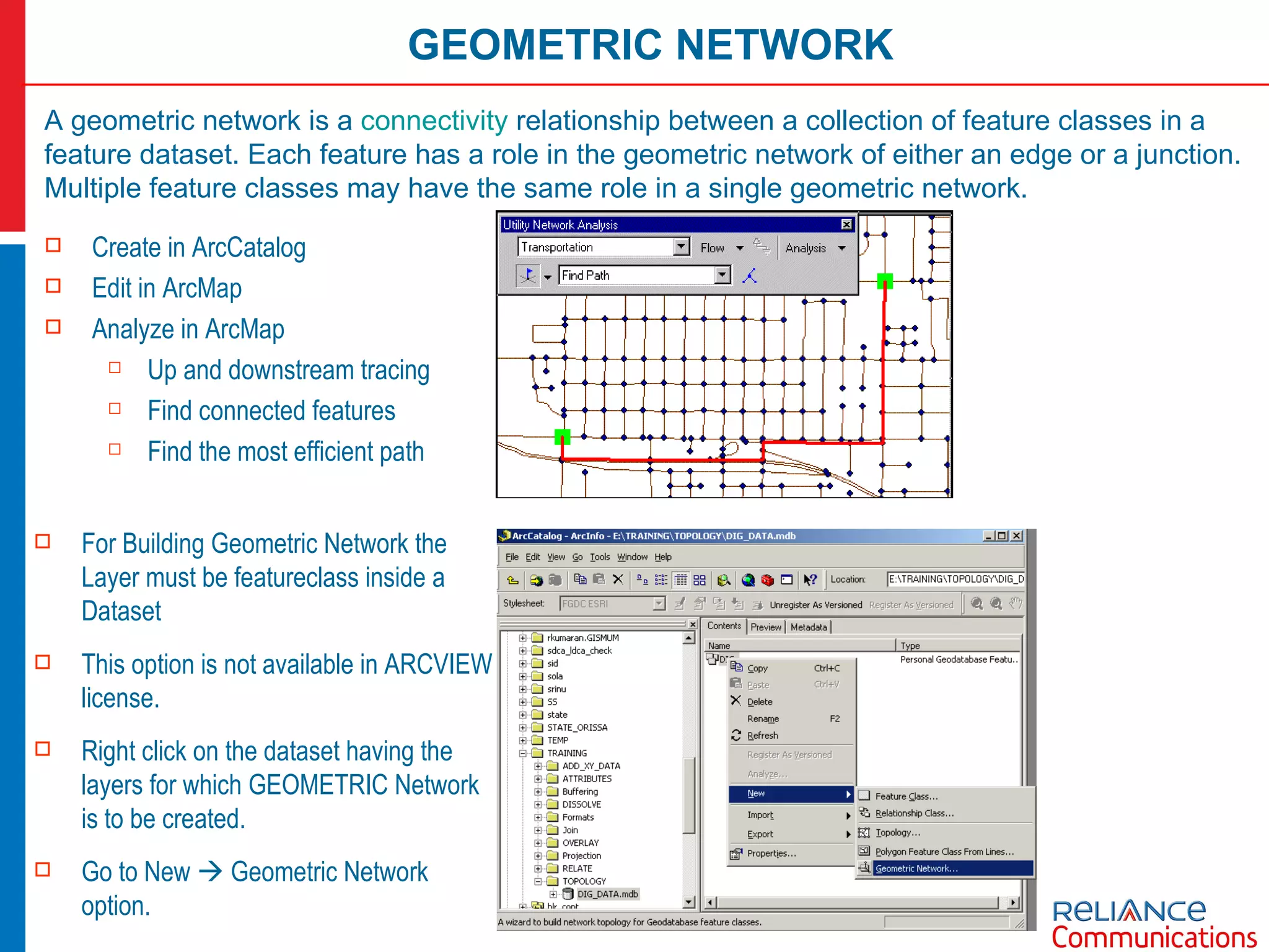 GEOMETRIC NETWORK A geometric network is a  connectivity  relationship between a collection of feature classes in a feature dataset. Each feature has a role in the geometric network of either an edge or a junction. Multiple feature classes may have the same role in a single geometric network. Create in ArcCatalog Edit in ArcMap Analyze in ArcMap Up and downstream tracing Find connected features Find the most efficient path For Building Geometric Network the Layer must be featureclass inside a Dataset This option is not available in ARCVIEW license. Right click on the dataset having the layers for which GEOMETRIC Network is to be created. Go to New    Geometric Network option. 