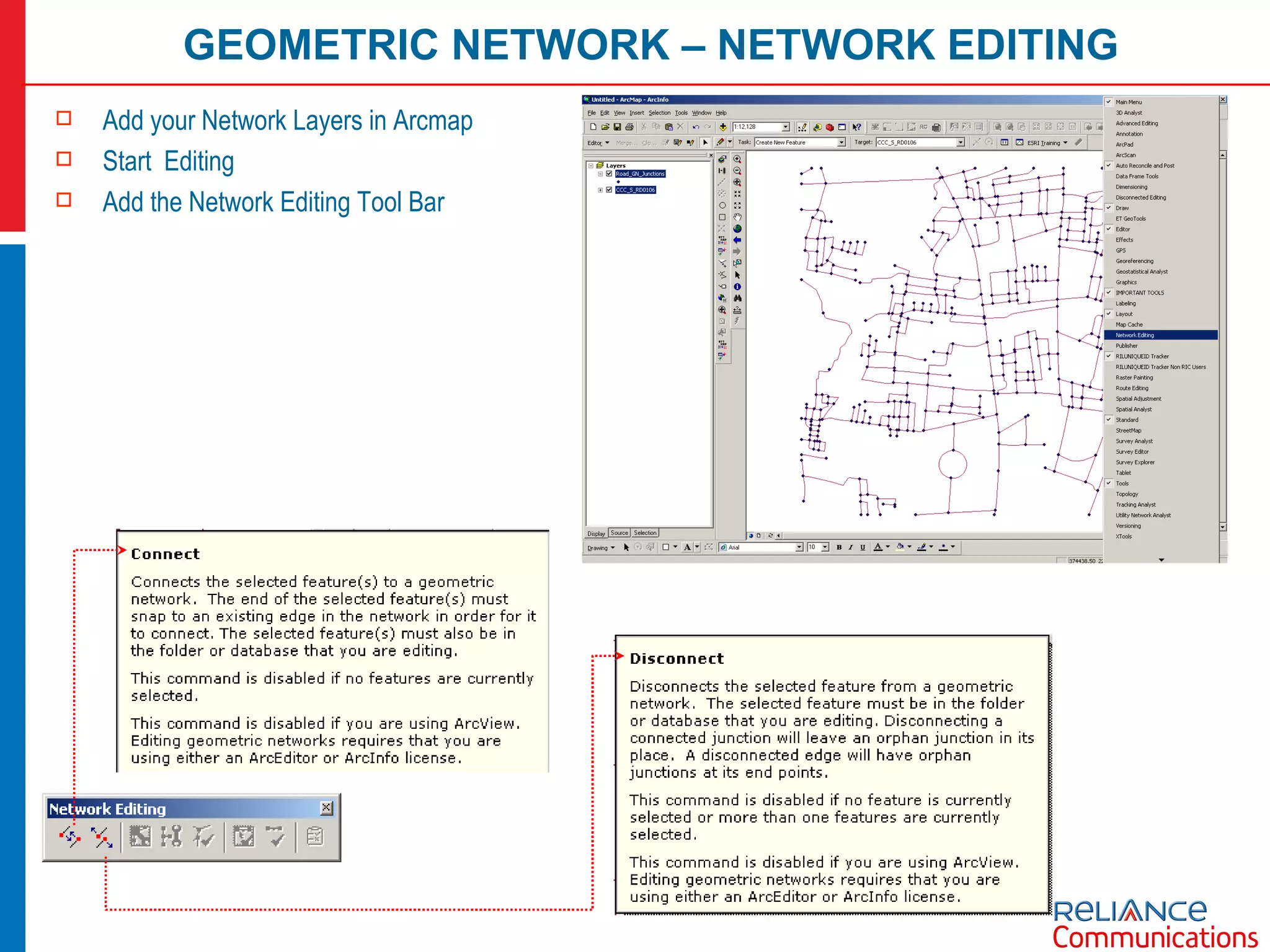 GEOMETRIC NETWORK – NETWORK EDITING Add your Network Layers in Arcmap Start  Editing Add the Network Editing Tool Bar 