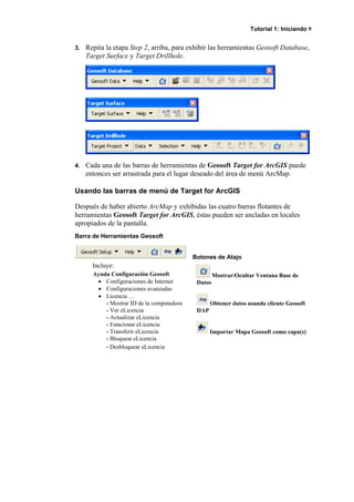 Tutorial 1: Iniciando 9
3. Repita la etapa Step 2, arriba, para exhibir las herramientas Geosoft Database,
Target Surface y Target Drillhole.
4. Cada una de las barras de herramientas de Geosoft Target for ArcGIS puede
entonces ser arrastrada para el lugar deseado del área de menú ArcMap.
Usando las barras de menú de Target for ArcGIS
Después de haber abierto ArcMap y exhibidas las cuatro barras flotantes de
herramientas Geosoft Target for ArcGIS, éstas pueden ser ancladas en locales
apropiados de la pantalla.
Barra de Herramientas Geosoft
Botones de Atajo
Incluye:
Ayuda Configuración Geosoft
• Configuraciones de Internet
• Configuraciones avanzadas
• Licencia …
- Mostrar ID de la computadora
- Ver eLicencia
- Actualizar eLicencia
- Estacionar eLicencia
- Transferir eLicencia
- Bloquear eLicencia
- Desbloquear eLicencia
Mostrar/Ocultar Ventana Base de
Datos
Obtener datos usando cliente Geosoft
DAP
Importar Mapa Geosoft como capa(s)
 