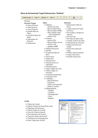 Tutorial 1: Iniciando 11
Barra de Herramientas Target Perforaciones “Drillhole”
Incluye:
Proyecto Target
• Nuevo Proyecto
• Abrir Proyecto
• Cerrar Proyecto
• Guardar Base de
Datos
• Actualizar Bases de
Datos
• Subconjunto de
Proyecto
• Preferencias
Datos
• Importar …
- Archivo de texto
- Base de Datos/XLS
- Base de Datos ODBC
- datos acQuire sobre
pozos perforados
- archivo LAS
• Exportar …
- archivo CSV
- Base de Datos Access
- archivo LAS
- archivo SHP
• Definir Proyección
• QA/QC
• Compositar Base de
datos
• Nuevo pozo
• Editar pozo
• Eliminar pozo
• Eliminar pozos no
registrados
• Clasificar pozos
• Editar códigos de rocas
• Editar códigos de
estructura
• Actualizar Extensiones
• Actualizar XYZ
• Utilidades …
- Buscar/Sustituir
- Expresión
- Archivo de Expresión
- Editar un archivo
• Mantenimiento …
- Detalles
- Verificar
- Desfragmentar
- Crear
- Reparar
Selección
• Seleccionar Todos los
Pozos
• Anular Selección Todos
los Pozos
• Por nombre o nombre de
máscara
• De una Lista
• Por datos de tabla collar
• Usando Archivo de forma
• Herramienta de selección
• Seleccionar datos por
código
• Seleccionar datos por
rango
• Definir canal de máscara
• Cargar selecciones
• Guardar selecciones
Ayuda
• Tópicos de Ayuda
• Soporte Técnico de Geosoft por email
• Preguntas más frecuentes
• Tutorial Target for ArcGIS
• Foros de Usuarios Geosoft
• Sitio electrónico de Geosoft
• Conexión Técnica de Geosoft
• Verificación de actualizaciones
• Sobre Target para ArcGIS
 
