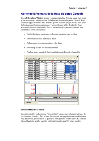 Tutorial 1: Iniciando 17
Abriendo la Ventana de la base de datos Geosoft
Geosoft Database Window es una ventana especial de ArcMap usada para crear
y ver la estructura tridimensional de la base de datos exclusiva de Geosoft. Está
diseñada específicamente para permitir que los usuarios tengan acceso a los datos
de los pozos perforados organizados y contenidos en tablas de cálculo. Esas
ventanas le ofrecen una interfaz directa a sus datos y le permiten ejecutar una
variedad de tareas, incluyendo:
• Exhibir los datos numéricos en formato numérico o de perfiles
• Exhibir estadísticas de base de datos
• Aplicar expresiones matemáticas a los datos
• Procesar y exhibir los datos resultantes
• Analizar datos usando la funcionalidad propia Geosoft eXecutable
Ventana Hoja de Cálculo
Los datos visibles en la ventana “Spreadsheet” representan solamente algunas de
las columnas (canales). Eso lo hace diferente de los programas convencionales de
hoja de cálculo, en los cuáles lo que se ve en la pantalla son los datos. La ventana
Spreadsheet sólo exhibe aquellas partes de los datos que UD eligió exhibir.
 