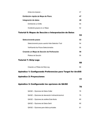 Antes de empezar… 47
Exhibición rápida de Mapa de Plano 47
Integración de datos 49
Exhibiendo un Grilla 50
Ocultando grupos en un Mapa 52
Tutorial 6: Mapas de Sección e Interpretación de Datos
53
Seleccionando pozos 53
Seleccionando pozos usando Hole Selection Tool 54
Verificando los Pozos Seleccionados 56
Creando un Mapa de Sección de Perforación 56
Ploteos de Sección 56
Tutorial 7: Strip Logs
68
Creando un Ploteo de Strip Log 68
Apéndice 1: Configurando Preferencias para Target for ArcGIS
Apéndice 2: Proyecciones
77
Apéndice 3: Configurando las opciones de QA/QC
78
QA/QC – Opciones de Datos Collar 78
QA/QC – Opciones de desviación Inclinación/acimut 79
QA/QC – Opciones de análisis Este-Norte 80
QA/QC – Opciones de Datos De/A 80
QA/QC – Opciones para datos puntuales 81
 