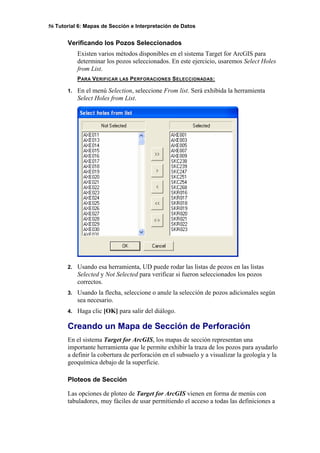 56 Tutorial 6: Mapas de Sección e Interpretación de Datos
Verificando los Pozos Seleccionados
Existen varios métodos disponibles en el sistema Target for ArcGIS para
determinar los pozos seleccionados. En este ejercicio, usaremos Select Holes
from List.
PARA VERIFICAR LAS PERFORACIONES SELECCIONADAS:
1. En el menú Selection, seleccione From list. Será exhibida la herramienta
Select Holes from List.
2. Usando esa herramienta, UD puede rodar las listas de pozos en las listas
Selected y Not Selected para verificar si fueron seleccionados los pozos
correctos.
3. Usando la flecha, seleccione o anule la selección de pozos adicionales según
sea necesario.
4. Haga clic [OK] para salir del diálogo.
Creando un Mapa de Sección de Perforación
En el sistema Target for ArcGIS, los mapas de sección representan una
importante herramienta que le permite exhibir la traza de los pozos para ayudarlo
a definir la cobertura de perforación en el subsuelo y a visualizar la geología y la
geoquímica debajo de la superficie.
Ploteos de Sección
Las opciones de ploteo de Target for ArcGIS vienen en forma de menús con
tabuladores, muy fáciles de usar permitiendo el acceso a todas las definiciones a
 