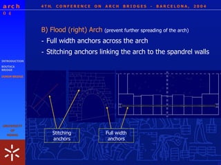 4 T H.  C O N F E R E N C E  O N  A R C H  B R I D G E S  -  B A R C E L O N A ,  2 0 0 4 INTRODUCTION BOUTACA BRIDGE DONIM BRIDGE B) Flood (right) Arch  (prevent further spreading of the arch) - Full width anchors across the arch - Stitching anchors linking the arch to the spandrel walls Stitching anchors Full width anchors 