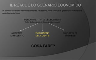 In questo scenario tendenzialmente recessivo, con crescenti pressioni competitive
assistiamo ad una
IL RETAIL E LO SCENARIO ECONOMICO
AMBIENTE
TURBOLENTO
EVOLUZIONE
DEL CLIENTE
MATURITA’ DI
BUSINESS
COSA FARE?
IPERCOMPETITIVITA’ DEL BUSINESS
frutto della miscela di fenomeni burrascosi
 