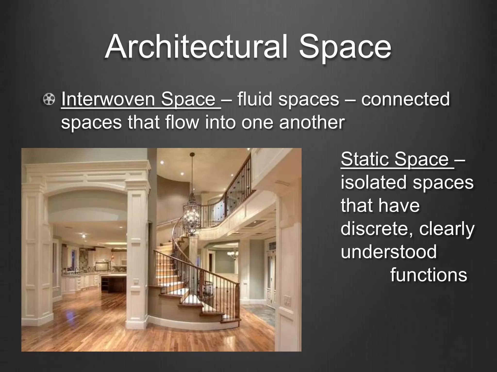 Architectural Space 
Interwoven Space – fluid spaces – connected 
spaces that flow into one another 
Static Space – 
isolated spaces 
that have 
discrete, clearly 
understood 
functions 
 