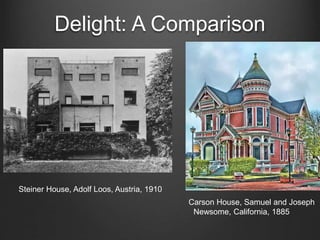 Delight: A Comparison 
Steiner House, Adolf Loos, Austria, 1910 
Carson House, Samuel and Joseph 
Newsome, California, 1885 
 