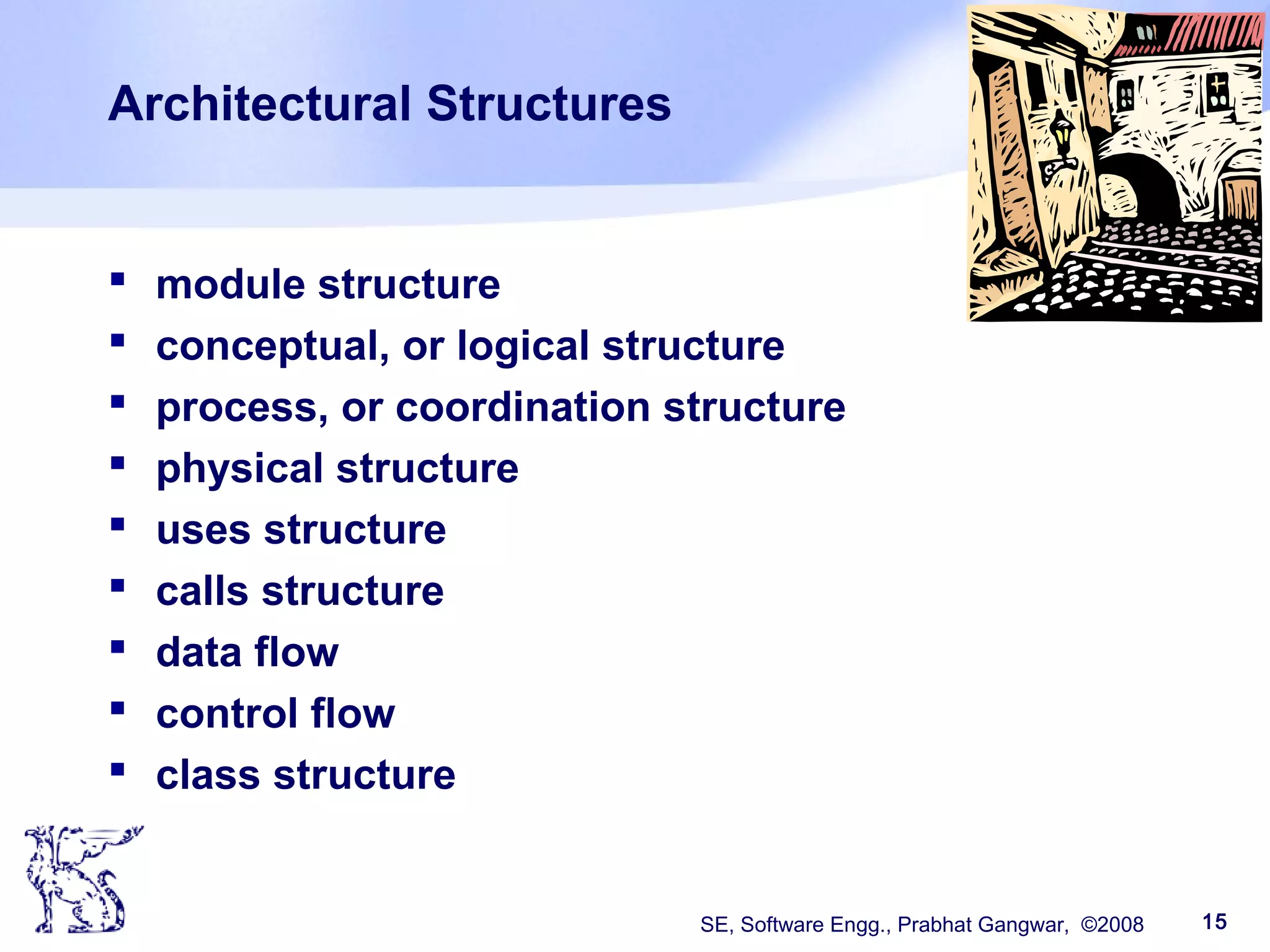 SE, Software Engg., Prabhat Gangwar, ©2008 15
Architectural Structures
 module structure
 conceptual, or logical structure
 process, or coordination structure
 physical structure
 uses structure
 calls structure
 data flow
 control flow
 class structure
 