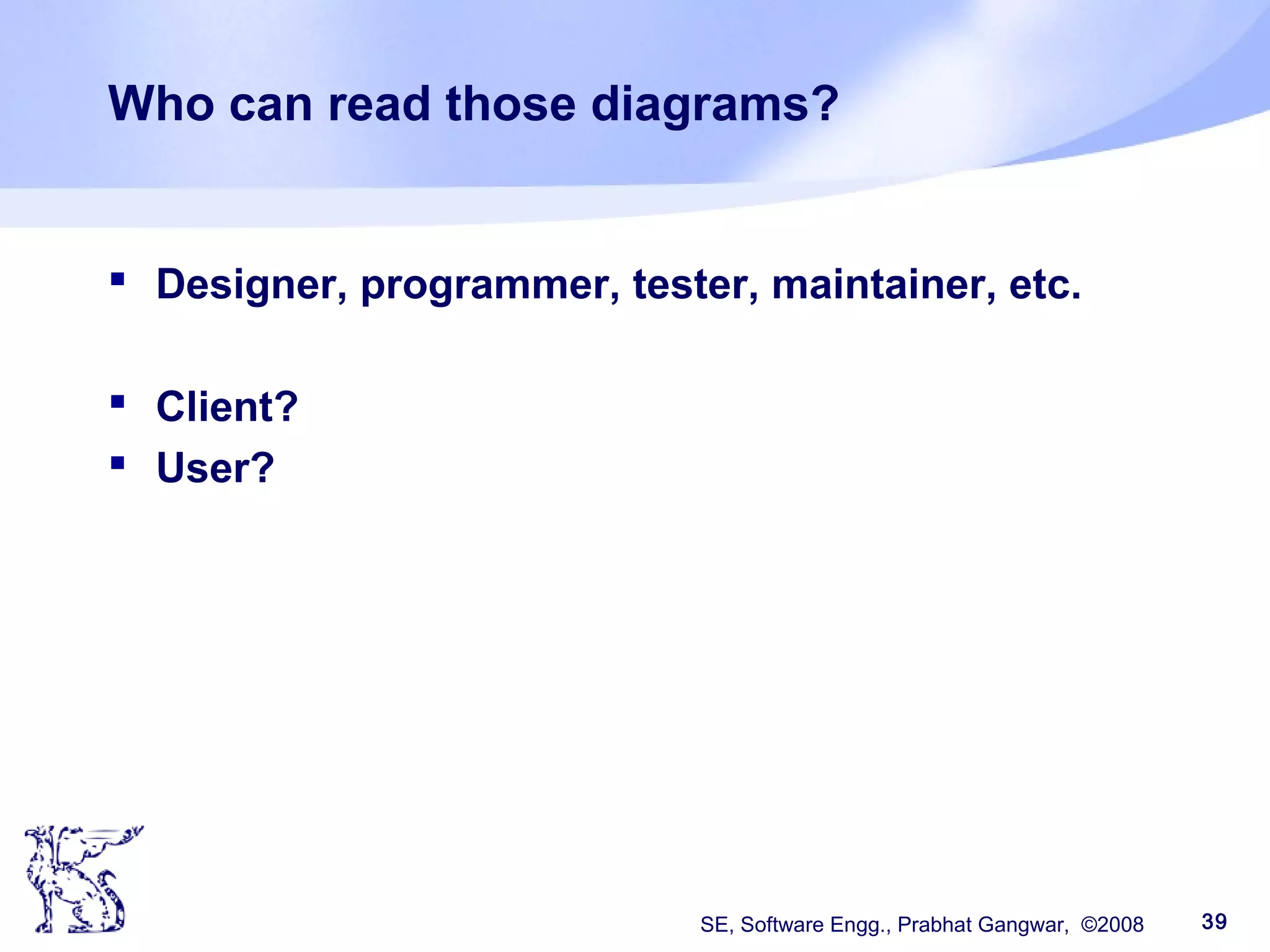 SE, Software Engg., Prabhat Gangwar, ©2008 39
Who can read those diagrams?
 Designer, programmer, tester, maintainer, etc.
 Client?
 User?
 