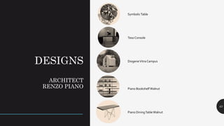 DESIGNS
ARCHITECT
RENZO PIANO
63
SymbolicTable
Teso Console
DiogeneVitra Campus
Piano Bookshelf Walnut
Piano DiningTableWalnut
 