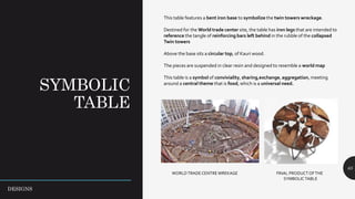 SYMBOLIC
TABLE
65
This table features a bent iron base to symbolize the twin towers wreckage.
Destined for the World trade center site, the table has iron legs that are intended to
reference the tangle of reinforcing bars left behind in the rubble of the collapsed
Twin towers
Above the base sits a circular top, of Kauri wood.
The pieces are suspended in clear resin and designed to resemble a world map
This table is a symbol of conviviality, sharing,exchange, aggregation, meeting
around a central theme that is food, which is a universal need.
WORLDTRADECENTREWREKAGE FINAL PRODUCT OFTHE
SYMBOLIC TABLE
DESIGNS
 