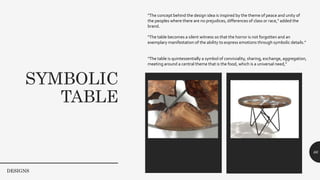 SYMBOLIC
TABLE
66
"The concept behind the design idea is inspired by the theme of peace and unity of
the peoples where there are no prejudices, differences of class or race," added the
brand.
"The table becomes a silent witness so that the horror is not forgotten and an
exemplary manifestation of the ability to express emotions through symbolic details."
"The table is quintessentially a symbol of conviviality, sharing, exchange, aggregation,
meeting around a central theme that is the food, which is a universal need,"
DESIGNS
 