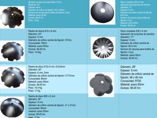 Dentado de disco de rastra 560 x 6 mm.
Diámetro: 22"
Espesor: 6mm
Diámetro de orificio de fijación: 45.5, 46mm
Número de ranuras para tonillos de fijación: 6 pcs
Material: acero 65 Mn
Dureza: 38-45 hrc
Peso: 12 Kg.
Disco ondulado 430 x 4 mm
Aplicación de conjuntos de siembra
Diámetro: 17".
Espesor: 6 mm
Diámetro de orificio central de fijación:
60.5 mm.
Número de ranuras para tonillos de
fijación: 4 pcs
Material: acero 65mn
Dureza: 38-45 hrc
Rastra de discos 610 x 6 mm.
Diámetro: 24".
Espesor: 6 mm
Diámetro de orificio central de fijación: 57mm,
Concavidad: 76mm
Material: acero 65mn
Dureza: 38-45 hrc
Peso: 14.4kg
Disco ondulado 430 x 4 mm
Aplicación de conjuntos de siembra
Diámetro: 17".
Espesor: 6 mm
Diámetro de orificio central de
fijación: 60.5 mm.
Número de ranuras para tonillos de
fijación: 4 pcs
Material: acero 65mn
Dureza: 38-45 hrc
Rastra de disco 612x 6 mm, 612x5mm
Diámetro: 26"
Espesor: 6 mm, 5mm
Diámetro de orificio central de fijación: 51*51mm
Concavidad: 80mm
Material: acero 65mn
Dureza: 38-45 hrc
Peso: 14.4 Kg.
Peso: 17 Kg.
Diámetro: 28"
Espesor: 8 mm
Diámetro de orificio central de
fijación: 46 x 46 mm
Concavidad: R750
Material: acero 65mn
Dureza: 38-45 hrc
Rastra de disco 660 x 6 mm
diámetro: 26".
Espesor: 6 mm
diámetro de orificio central de fijación: 41 x 41mm
concavidad: 95mm
material: acero 65mn
dureza: 38-45 hrc
 