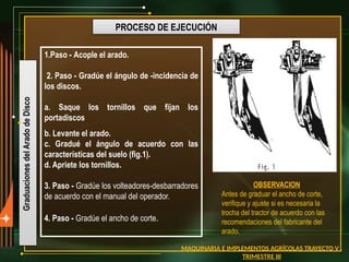 Graduaciones
del
Arado
de
Disco PROCESO DE EJECUCIÓN
1.Paso - Acople el arado.
2. Paso - Gradúe el ángulo de -incidencia de
los discos.
a. Saque los tornillos que fijan los
portadiscos
b. Levante el arado.
c. Gradué el ángulo de acuerdo con las
características del suelo (fig.1).
d. Apriete los tornillos.
3. Paso - Gradúe los volteadores-desbarradores
de acuerdo con el manual del operador.
4. Paso - Gradúe el ancho de corte.
OBSERVACION
Antes de graduar el ancho de corte,
verifique y ajuste si es necesaria la
trocha del tractor de acuerdo con las
recomendaciones del fabricante del
arado.
MAQUINARIA E IMPLEMENTOS AGRÍCOLAS TRAYECTO V .
TRIMESTRE III
 