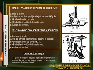 CASO I - ARADO CON SOPORTE DE DISCO FIJO.
a. Baje el arado.
b. Afloje los tornillos que fijan el eje transversal (fig.2).
c. Gradué el ancho de corte.
d. Gradué la dirección de la rueda guía.
e. Apriete los tornillos.
CASO II - ARADO CON SOPORTE DE DISCO MOVIL
a. Levante el arado.
Afloje los tornillos que fijan cada soporte al bastidor.
b. Gradué el ancho de corte (fig. 3).
d. Gradué la dirección de la rueda guía.
e. Apriete los tornillos.
OBSERVACIONES Fig. 3
1) Si es necesario reducir considerablemente el
ancho de corte, se puede quitar el penúltimo
conjunto de disco (Caso II).
Graduaciones
del
Arado
de
Disco
MAQUINARIA E IMPLEMENTOS AGRÍCOLAS
TRAYECTO V . TRIMESTRE III
 