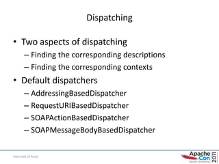 Dispatching

• Two aspects of dispatching
       – Finding the corresponding descriptions
       – Finding the corresponding contexts
• Default dispatchers
       – AddressingBasedDispatcher
       – RequestURIBasedDispatcher
       – SOAPActionBasedDispatcher
       – SOAPMessageBodyBasedDispatcher

Internals of Axis2
 