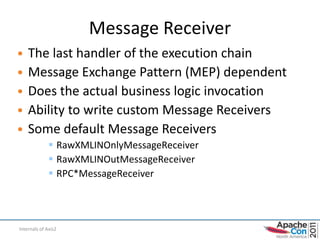 Message Receiver
• The last handler of the execution chain
• Message Exchange Pattern (MEP) dependent
• Does the actual business logic invocation
• Ability to write custom Message Receivers
• Some default Message Receivers
               RawXMLINOnlyMessageReceiver
               RawXMLINOutMessageReceiver
               RPC*MessageReceiver




Internals of Axis2                            20
 