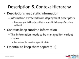 Description & Context Hierarchy
• Descriptions keep static information
      – Information extracted from deployment descriptors
              • An example is the class that a specific MessageReceiver
                will call
• Contexts keep runtime information
      – This information needs to be managed for various
        scopes
              • For example session specific data
• Essential to keep them separate! :)

Internals of Axis2                                                    25
 