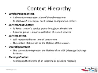 Context Hierarchy
• ConfigurationContext:
      – Is the runtime representation of the whole system.
      – To start Axis2 system you need to have configuration context.
• ServiceGroupContext:
      – To keep states of a service group throughout the session
      – A service group is simply a collection of related services
• ServiceContext:
      – Will represent the run time of one service
      – The context lifetime will be the lifetime of the session.
• OperationContext:
      – This context is to represent the lifetime of an MEP (Message Exchange
        Patterns)
• MessageContext:
      – Represents the lifetime of an incoming or outgoing message


Internals of Axis2                                                              26
 