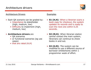 Architecture drivers

Architecture Drivers                          Examples

•  Each QA scenario can be graded by:       ...